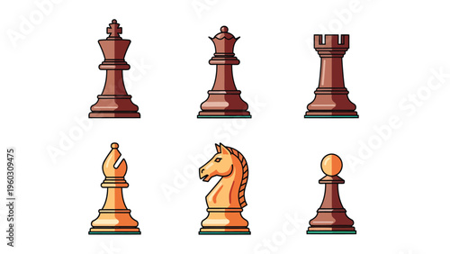 Vector Illustration of Six Classic Chess Pieces Set: King, Queen, Rook, Bishop, Knight, Pawn
