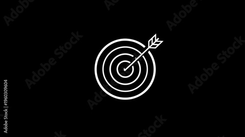 White outline icon of a target with an arrow hitting the bullseye on a black background, symbolizing success, goals, and achievement.