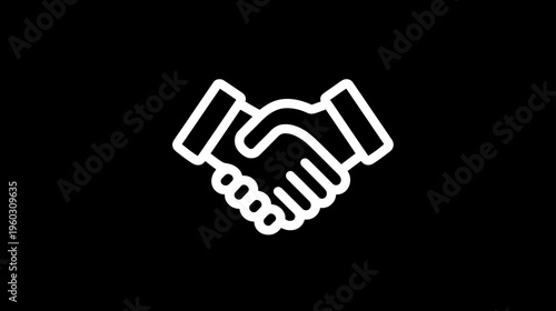 Handshake icon. Business agreement, partnership, deal, collaboration, cooperation, greeting, trust, success symbol. White on black.