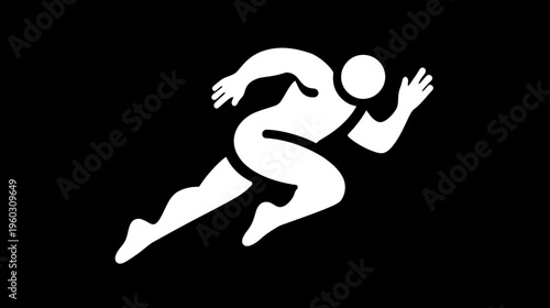 White silhouette icon of a dynamic sprinter on a black background, symbolizing speed, athletic performance, and active lifestyle.