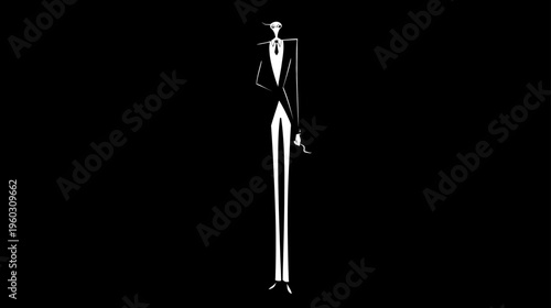 Chic, minimalist illustration of an elongated figure in a sophisticated suit, representing modern fashion and elegant style.