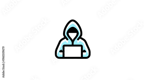 Anonymous Hooded Figure Using Laptop Icon. Cybersecurity, Hacker, Developer, Privacy, and Digital Crime Concept Vector Illustration