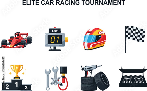 Elite Car Racing Tournament Icons Formula 1, Trophy, Helmet, Tools, Flag, and Podium
