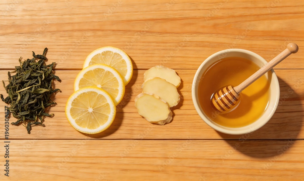 Fototapeta premium Natural ingredients for a healthy, soothing beverage. Loose green tea, fresh lemon slices, ginger, and golden honey in a bowl with a dipper, neatly arranged on a warm wooden surface