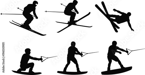 Water skiing and wakeboarding silhouette collection featuring jumps, tricks and riding poses, isolated on white background for extreme water sports design, action concepts and recreation visuals