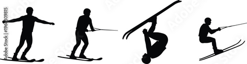 Water skiing silhouette collection featuring jumps, tricks and riding poses, isolated on white background, ideal for extreme water sports design, action concepts and recreation visuals