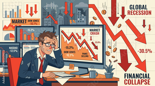 Flat 2D vector illustration depicting a global financial crisis, market collapse, and a stressed businessman reacting to severe economic downturn and recession