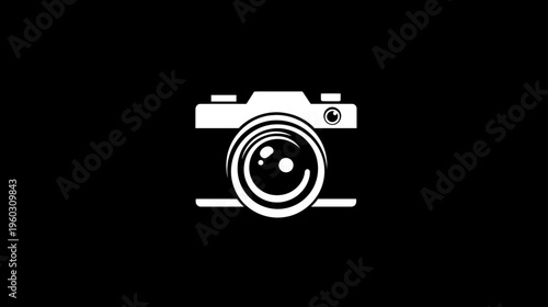 White camera icon on black background, minimalist photography symbol, graphic resource for photo apps and design elements.