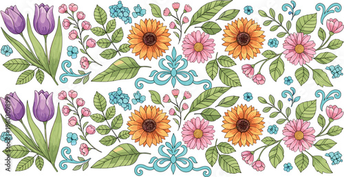 Colorful floral arrangement vector set with tulips, sunflowers and decorative leaves, elegant botanical composition collection isolated on white background illustration