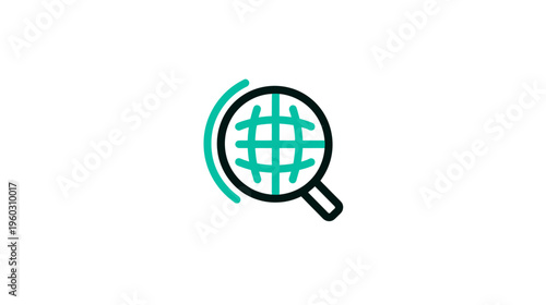 Modern line icon of a magnifying glass over a globe grid, symbolizing global search, worldwide discovery, and international exploration.
