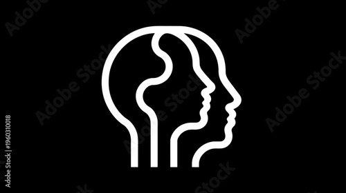 White Outline Icon of Two Overlapping Human Head Profiles on Black Background, Representing Communication, Psychology, and Mental Health.