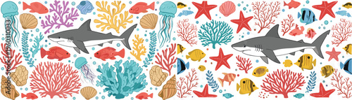 Colorful ocean marine life vector set with sharks fish coral jellyfish starfish and sea elements tropical underwater illustration isolated on white background