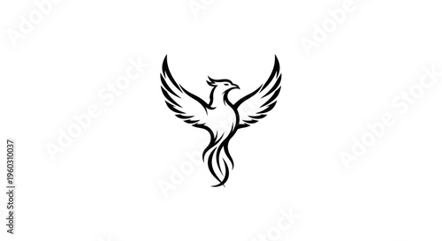 Mythical phoenix bird outline, spread wings, symbol of rebirth, legend, and immortality