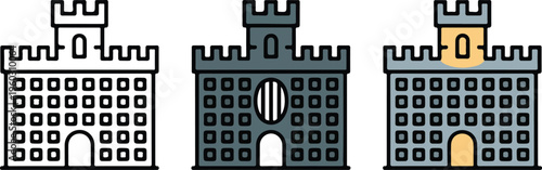 Castle fortress vector icon set featuring medieval stone buildings with towers for historical travel tourism and ancient architecture design.