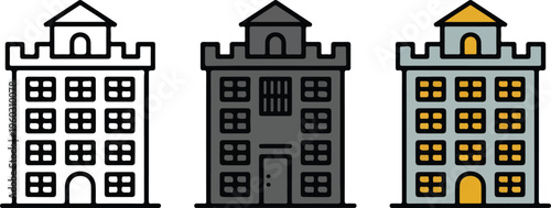 Castle fortress vector icon set featuring medieval stone buildings with towers for historical travel tourism and ancient architecture design.