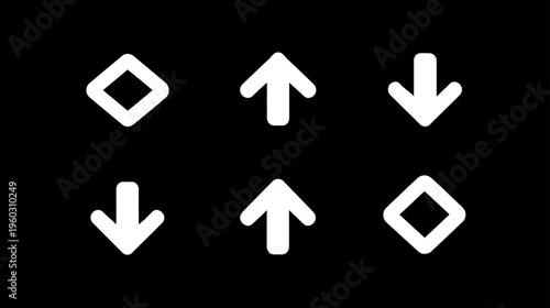 Minimalist White Up and Down Arrow Icons with Diamond Shapes on Black Background. User Interface Design Elements.