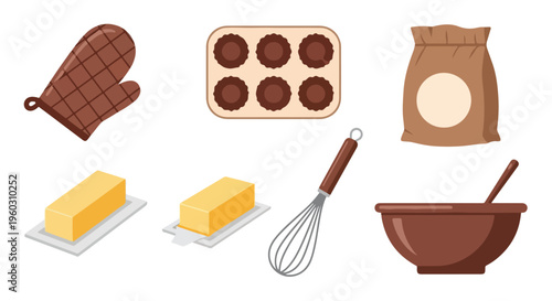 Flat lay illustration of baking ingredients and tools on a clean white background.