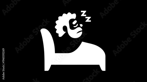 Stylized graphic icon of a sleeping person with curly hair in bed, Zzz symbol for rest and tiredness, black background.
