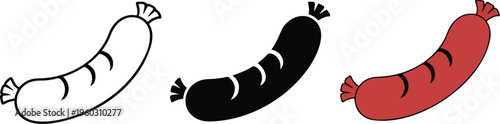 Sausage bratwurst vector icon set including line art silhouette and colored illustration for food menu barbecue and cooking design.
