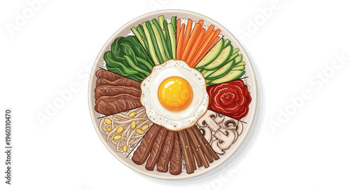 Bibimbap Korean food dish with egg, beef, vegetables, mushrooms, and sauce