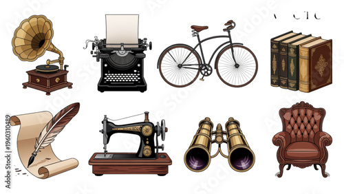 Collection of various antique objects including a gramophone typewriter bicycle books and furniture Vector