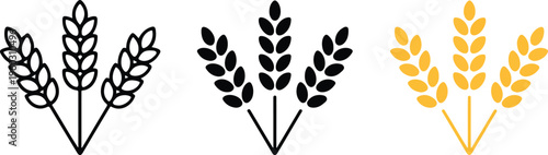 Wheat ear vector icons set featuring outline silhouette and yellow stalks for organic bakery agriculture and farming logo design.