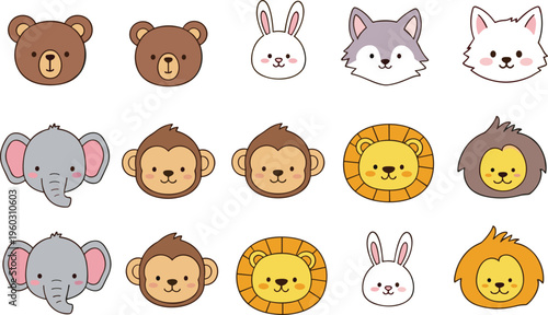 Cute animal face vector set with bear rabbit lion monkey elephant and wolf cartoon icons adorable collection isolated on white background