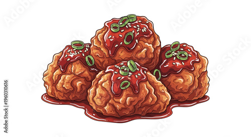 Delicious glazed meatballs with green onions and sesame seeds