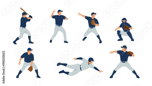 Baseball Players Action Poses Vector Set. Flat Design Illustrations of Athletes Batting, Pitching, Catching, Fielding, Sliding