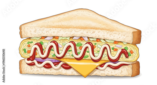 Delicious Omelette Sandwich with Cheese, Ketchup, and Mayonnaise