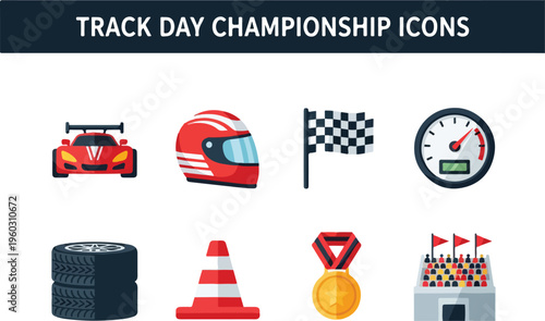 Collection of racing icons representing speed, competition, and victory in motorsport events