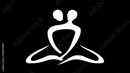 Stylized white silhouette of two figures meditating in lotus pose, representing unity, connection, balance, and harmony on a black background.