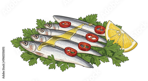 Fresh Sardines with Lemon and Chili on Parsley