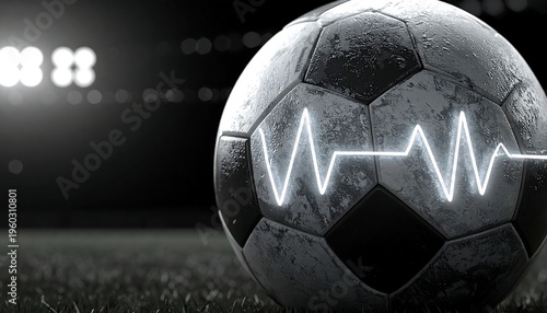 Close up of a textured soccer ball with a glowing neon blue heartbeat ekg line pulsing across its surface set against a dark stadium background with blurred bright lights