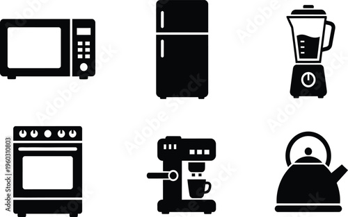 Set of black kitchen appliance icons including microwave refrigerator blender stove coffee maker and kettle for modern home interior equipment design