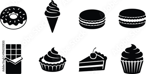Black vector icon set of sweet desserts featuring donut chocolate bar cupcake ice cream and cake slices for bakery menu design