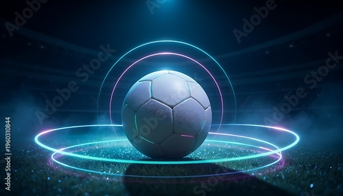 Futuristic soccer ball glowing with neon blue and pink rings on a dark stadium field representing the excitement and energy of professional sports competition and digital gaming