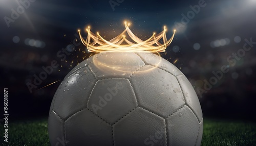Golden crown illuminates soccer ball on field amidst dramatic stadium lights symbolizing football championship victory and reigning champion status