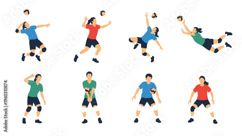 Volleyball Players Action Poses Set. Flat vector illustrations of athletes in various movements: serving, spiking, digging, setting.