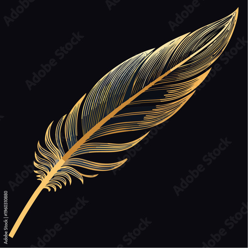 Elegant Golden Feather Stylized Vector Illustration Isolated On Dark Background Design Element