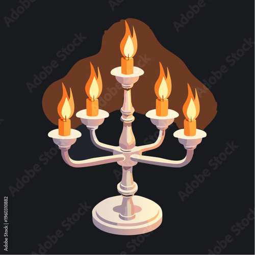 Elegant Five-Arm Candelabra with Lit Candles Glowing in Darkness - Classic Vector Illustration