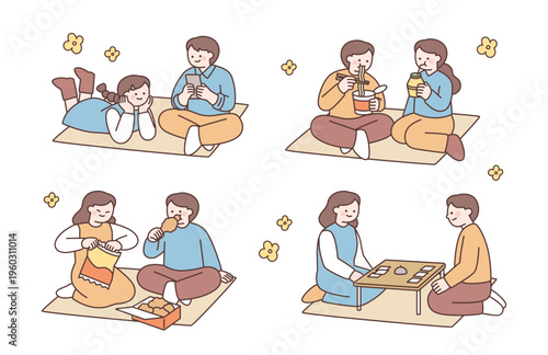 Couples are sitting on a mat having a picnic. They are looking at their phones, eating food, and playing card games. Cute character with a round face. Upper body illustration.