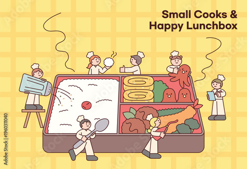 Cute chef characters are making a giant lunchbox together. Cute character with a round face, featuring a design and geometric shape.