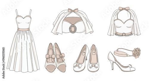 Flat lay illustration of a white wedding dress and accessories including a veil purse shoes and jewelry on a plain white background.