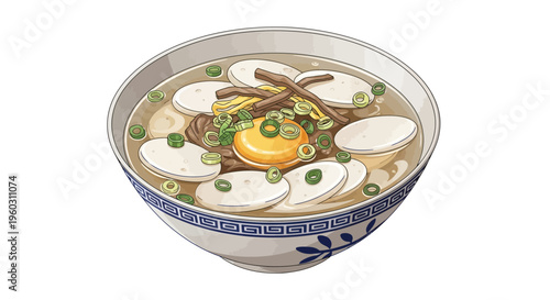 Korean Tteokguk Soup with Rice Cakes, Egg Yolk, and Scallions