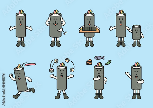 A set of various actions of a cute Korean gimbap character. Cute character with a round face, featuring a design and geometric shape.