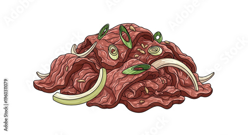 Raw beef bulgogi marinade with green onions and onion slices