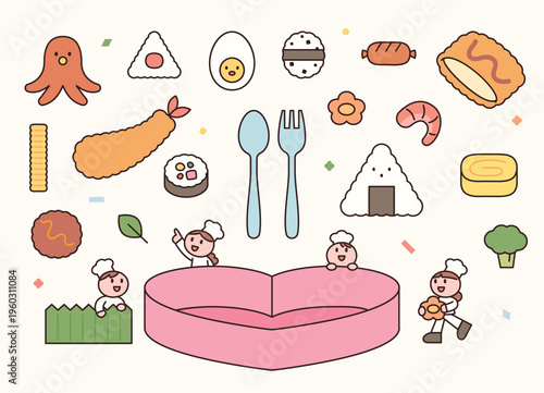 Cute chef characters are making lunch boxes. A set of various lunch box foods. Cute character with a round face, featuring a design and geometric shape.