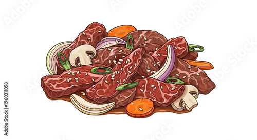 Raw Beef Stir Fry Ingredients with Vegetables and Mushrooms