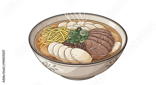 Steaming Bowl of Ramen Noodles with Sliced Meat and Eggs